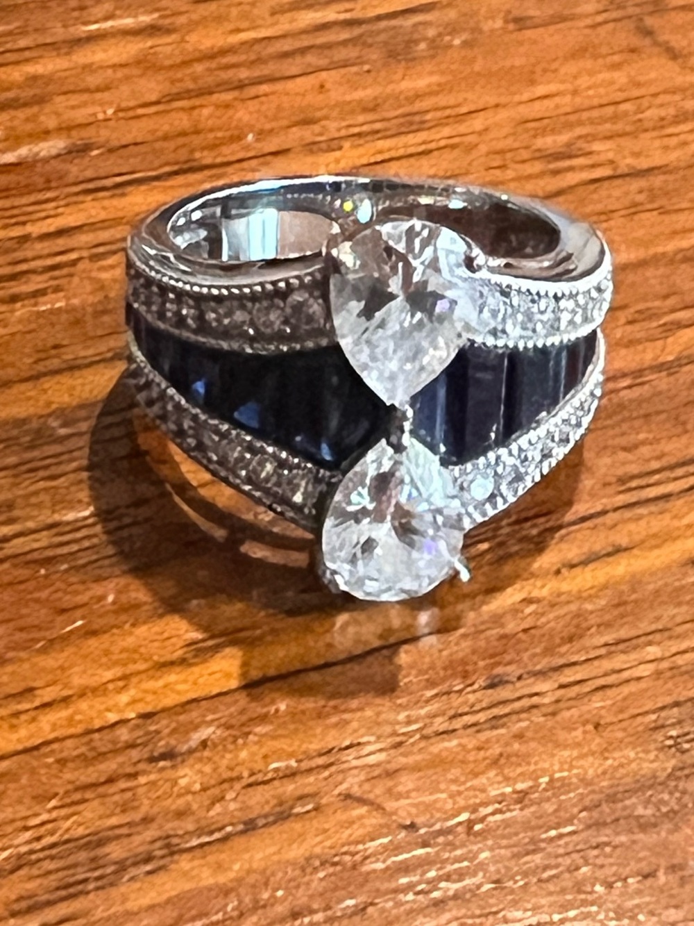 Two Pear Shaped CZ’s with Blue Baguette Sapphire CZ’s in Sterling Silver Ring 7!